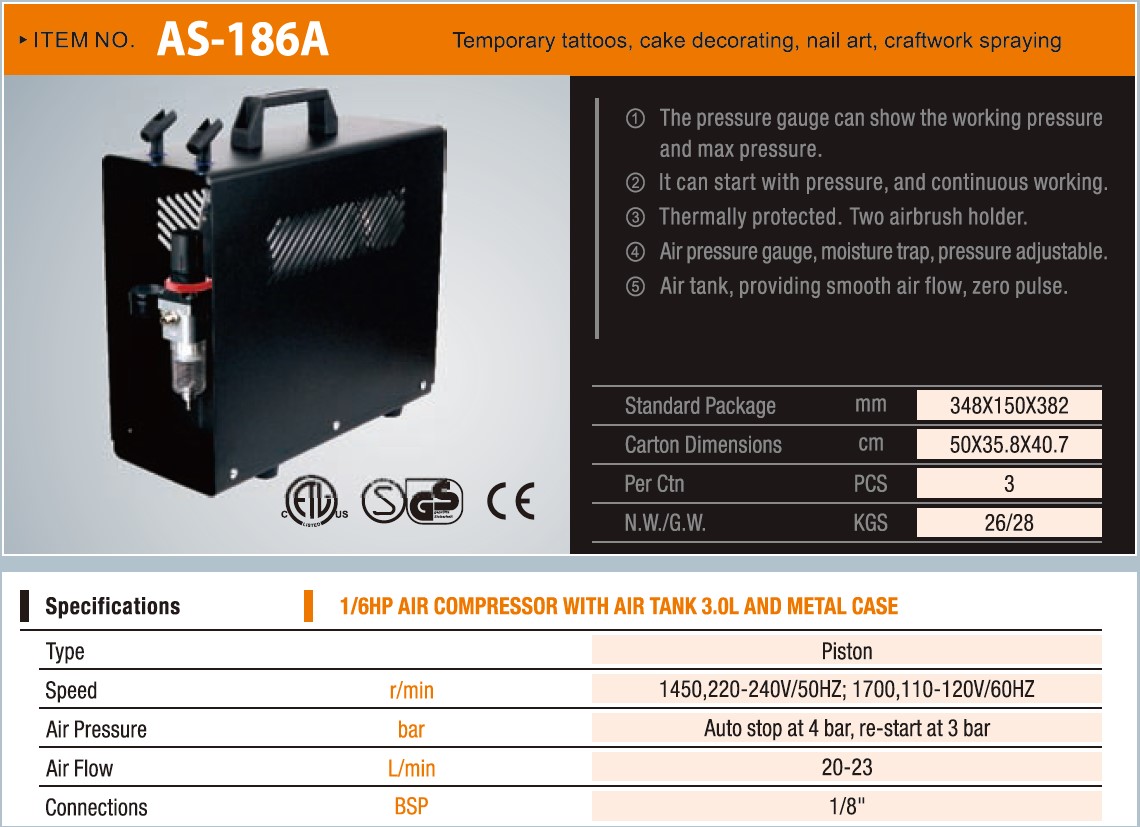 Compressor de ar aerógrafo com tanque de 3 litros – 20-24 litros/min